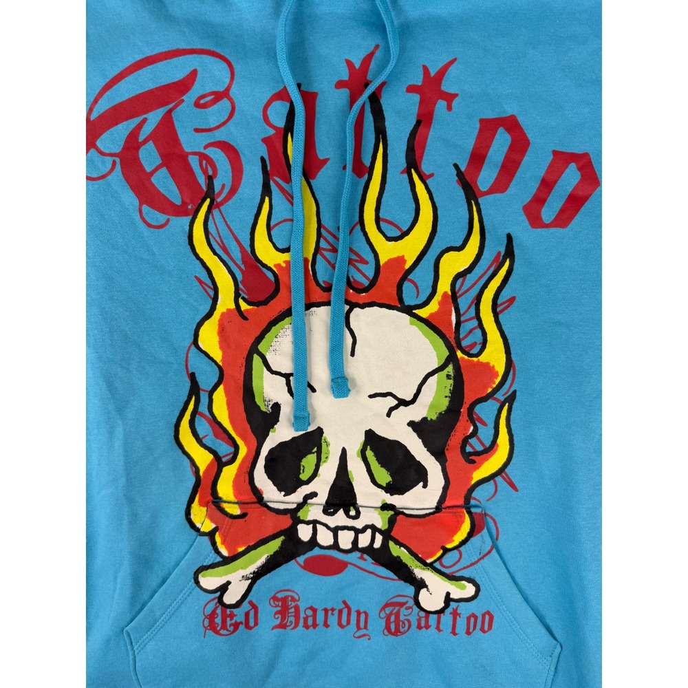Ed Hardy Hoodie Mens XL Blue Skull Flame Tattoo Graphic Pullover Y2K EHM1300-54 - Picture 9 of 9